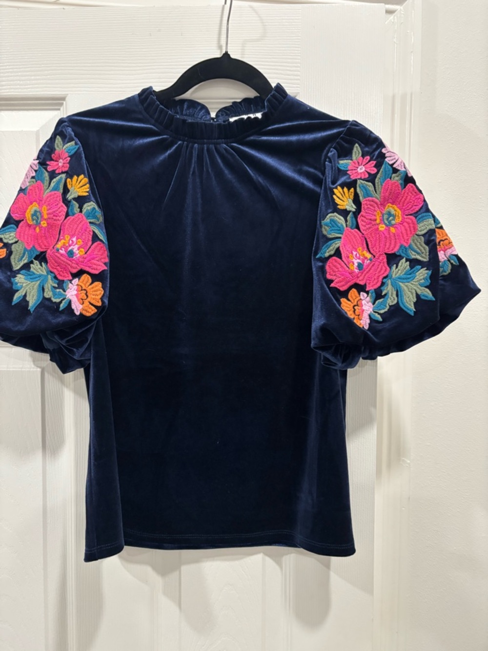THML Navy Velvet Top with Pink Floral Embroidered Puff Sleeves